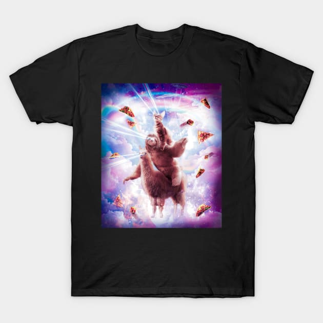 Laser Eyes Space Cat Riding Sloth, Llama - Rainbow T-Shirt by Random Galaxy